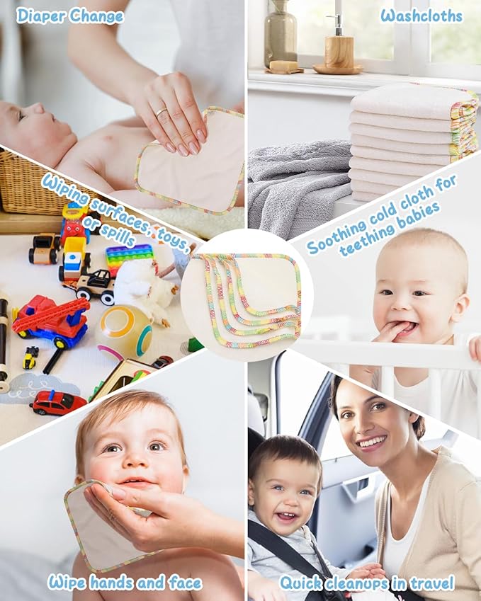 Babygoal 30PCS Reusable Diaper Wipes, Natural Unbleached Baby Face Wipes, Soft Sturdy, 8 x 8 Inches, 30BW02-B