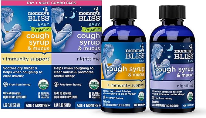 Mommy's Bliss Baby Organic Cough Syrup & Mucus, Day and Night Value Pack with Elderberry, Vitamin C, Organic Honey & Ivy Leaf, 3.34 Fl Oz (Pack of 2)