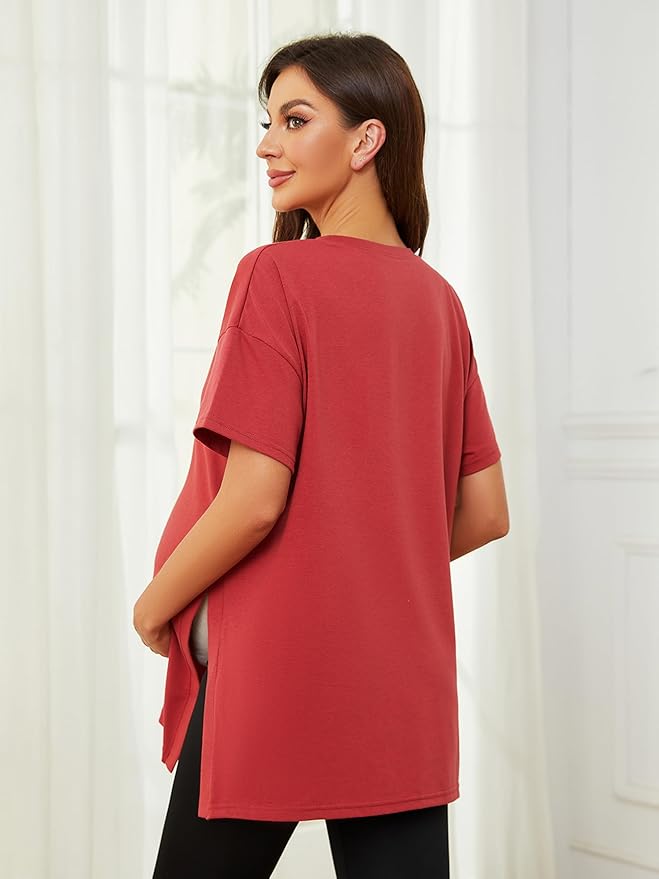 Ecavus Women's Casual Maternity Shirts Split Side Pregnancy Tops Blouses Short Sleeve Loose Fit Maternity Clothes