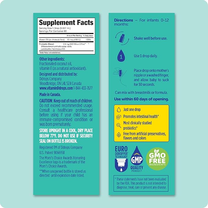 Ddrops Baby Probiotic with Vitamin D, 60 Drops - Colic Symptom Relief for Newborns and Infants - Easy-to-Use, Just One Drop Daily, No Sugar, Non-GMO, Allergy-friendy