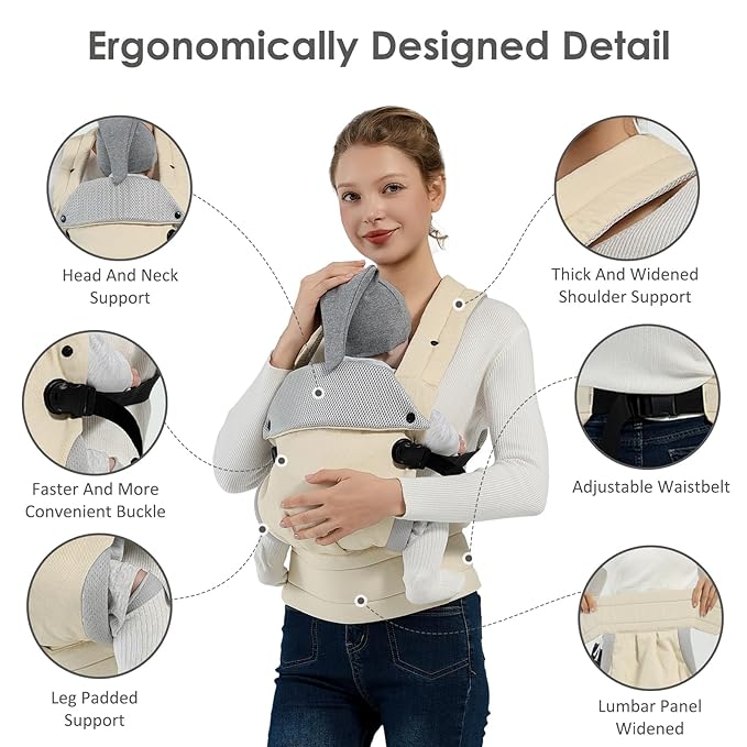 Baby Carrier Newborn to Toddler, Adjustable Toddler Carrier, Baby Holder Carrier, Kangaroo Infant Carriers with Widen Shoulder Straps, Beige