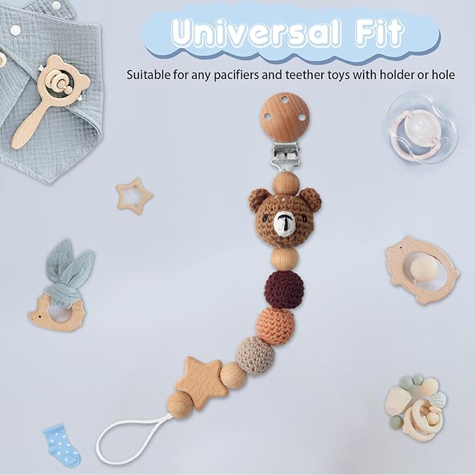 Pacifier Clip, Cute Animal Pacifier Holder Clip for Boys and Girls, Most Pacifiers, Baby Teethers, Baby Shower and Baby Essentials(Bear)