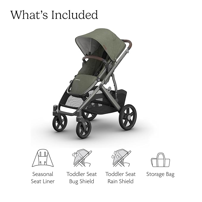 UPPAbaby Vista V3 Full-Size Single-to-Double Stroller System, Toddler Seat, Bug & Rain Shields, Storage Bag Included, Evelyn (Meadow Green/Graphite Frame/Chestnut Leather)