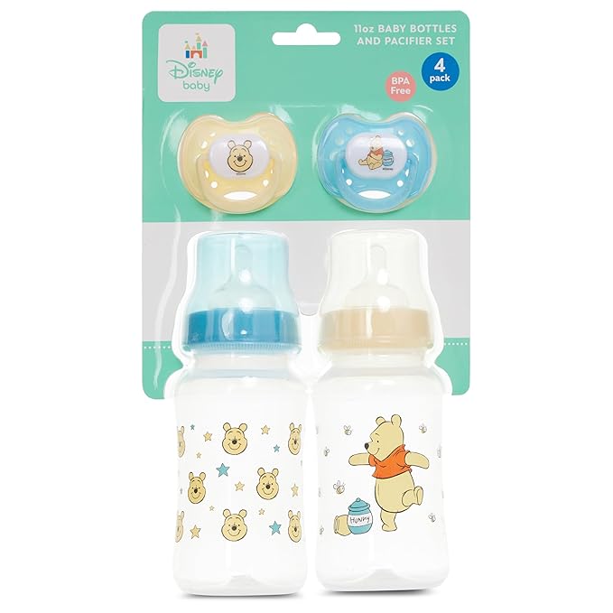 Disney Baby Bottles and Pacifiers Set – 2 Hourglass-Shaped 11oz Bottles + 2 Orthodontic Pacifiers – Officially Licensed Mickey, Minnie, Pooh & Dumbo Designs – BPA-Free Feeding Gift Set