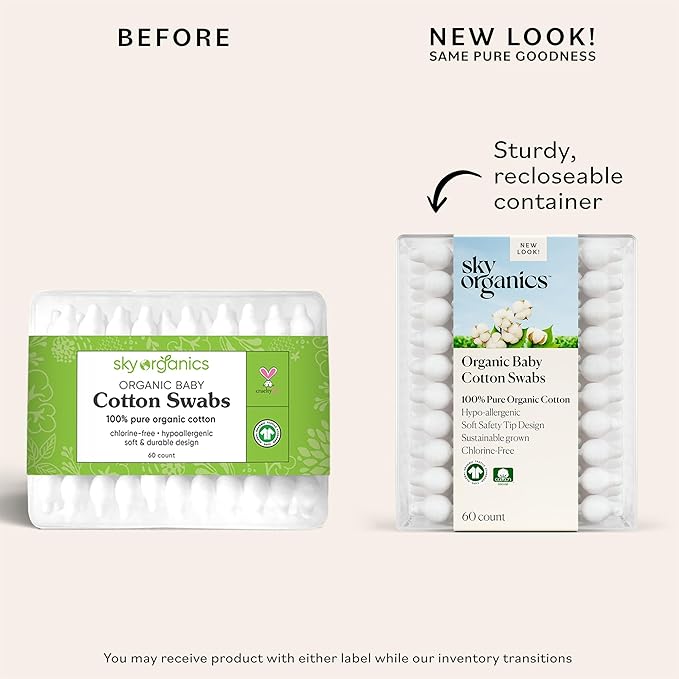 Sky Organics - Organic Baby Cotton Swabs, 60 ct. - Ultra Soft Baby Safe Tips - Strong & Durable - Hypoallergenic - Chlorine Free - Natural, Vegan & Cruelty Free - Skin Care & Baby Care