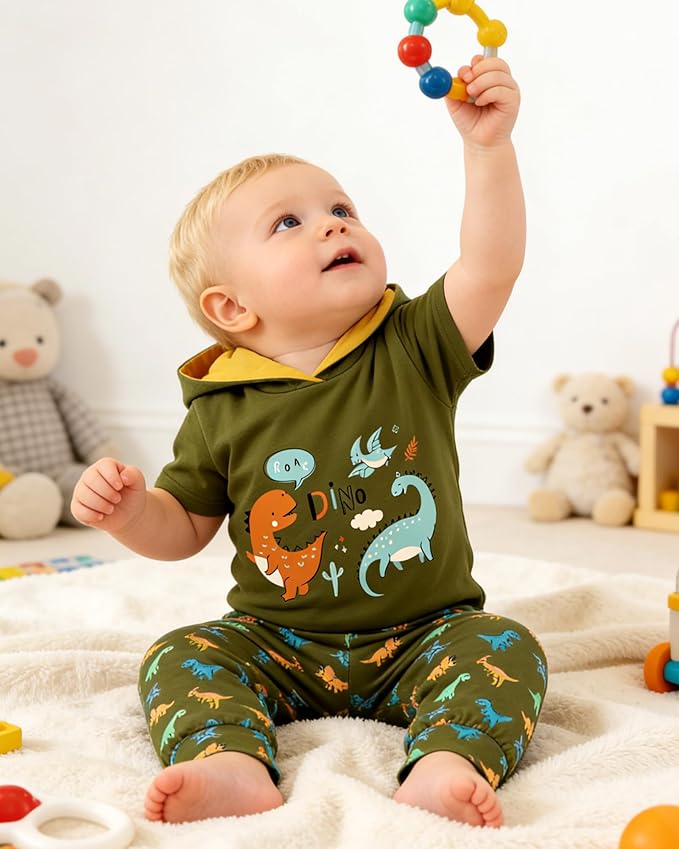 Newborn Boy Summer Outfits Animal Print Short Sleeve Romper with Hoodie & Pants Infant Clothing Set