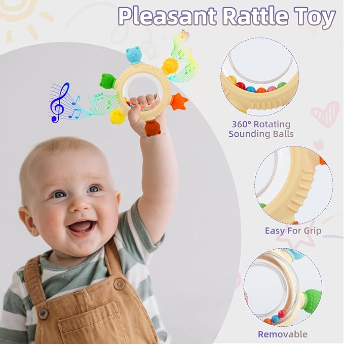 Baby Teething Rings Toys for 0-6 6-12 Months Animal Rattle Teether Sensory Toys for Babies 0-24Months Silicone Teether Relief Chew Soothing Sore Gums for Newborn Infant Essentials BPA Free (Animal)