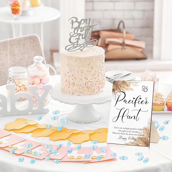 Roowest 51 Pcs Pacifier Hunt Baby Shower Games Include Wooden Hunt Sign and 50 Acrylic Mini Plastic Pacifiers for Baby Shower Game Decoration Gift Sets Gender Reveal Party Supplies