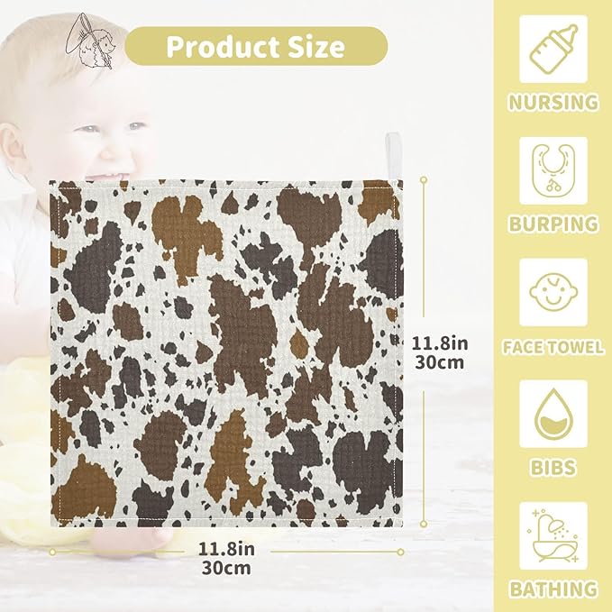 YETTASBIN Cow Print Muslin Baby Hand Washcloths, Soft Cotton Bath Face Towel, 4 Layers Extra Absorbent Feeding Burp Cloth for Newborn Infant Sensitive Skin, 5 Pack