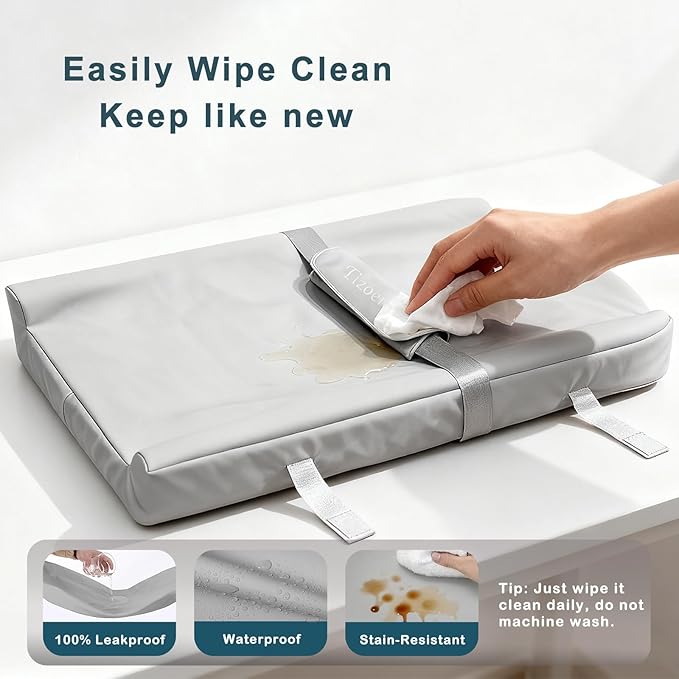 Wipeable Baby Changing Pad for Dresser, Portable Changing Pad with Restraining Belt, Soft & Non-Slip Waterproof Lightweight Changing Table Pad, Easy to Clean for On The Go Diaper Change (Gray)