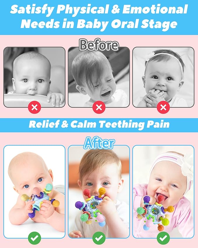 Baby Teething Toys Teethers for Babies 0-6 Months Infant Baby Girl Toys Gifts for 0 3 6 9 12 Months, Newborn Rattles Chew Toys Sensory Learning Montessori Toys for Babies 6-12 Months -Blue