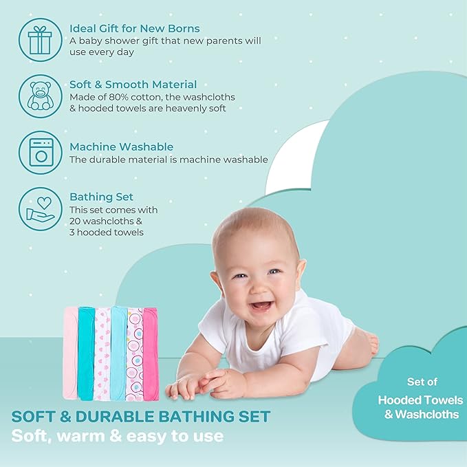 Spasilk Bath Hooded Towels & Washcloths Set for Babies, 23-Piece Gift Set, White Butterfly