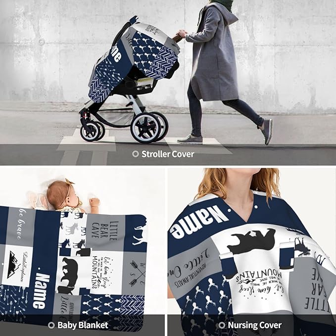 Personalized Woodland Deer Blue Baby Car Seat Canopy for Babies with Name, Custom Adventure Car Seat Covers for Boys, Opening Minky Nursing Breastfeeding Cover Infant Carseat Canopies for Newborn