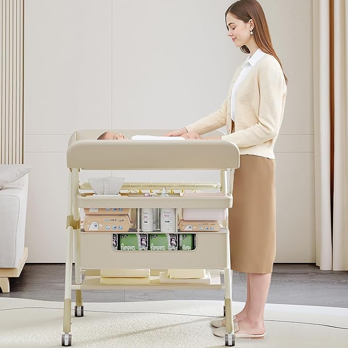 Changing Table, Portable Baby Changing Table with Wheels, Upgraded Foldable Diaper Changing Station with 5-Level Adjustable Height & Large Nursery Organizer Storage for Newborn Infant (Beige)