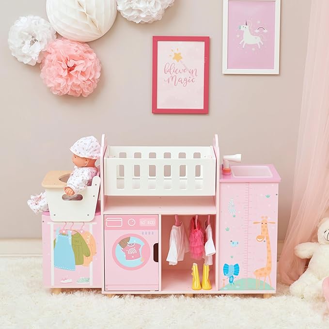 Olivia's Little World Amanda 6-in-1 Wooden Doll Nursery Station with Rocking Cradle, High Chair, Storage, Washing Machine and Sink - for 3 yrs and up, Pretend Play House, Daycare - Pink/Multi