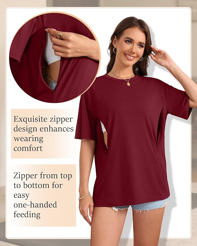 3 Pack Women's Oversize Nursing Breastfeeding Shirts Hidden Zipper Short Sleeve Loose Fit Maternity Tops