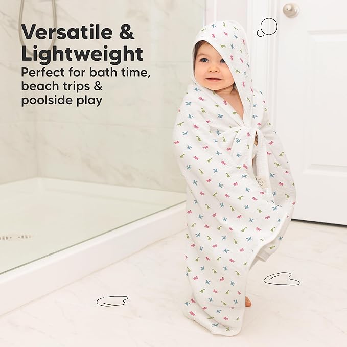 KeaBabies Muslin Baby Bath Towels with Hood for Girls, Boys -Large Organic Cotton Hooded Baby Towels for Newborns,Toddlers,Infant,Kids,Soft Absorbent Newborn Bath Essentials Gift Set(Roarsome, Petite)