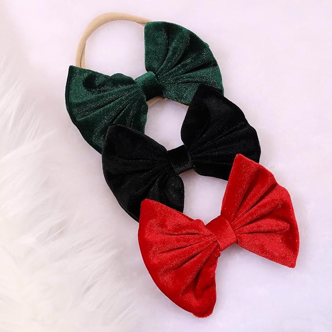 Velvet Baby Girls Headbands, Black Newborns Bows Elastic Nylon Hairbands for Infants Toddlers Hair Accessories,Pack of 3 (Black+Red+Green)