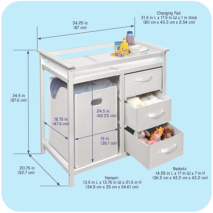 Badger Basket Modern Baby Changing Table - Nursery Furniture with Laundry Hamper and 3 Storage Drawers - Diaper Changing Station with Safety Belt, Changing Pad, and Organizer Baskets - White