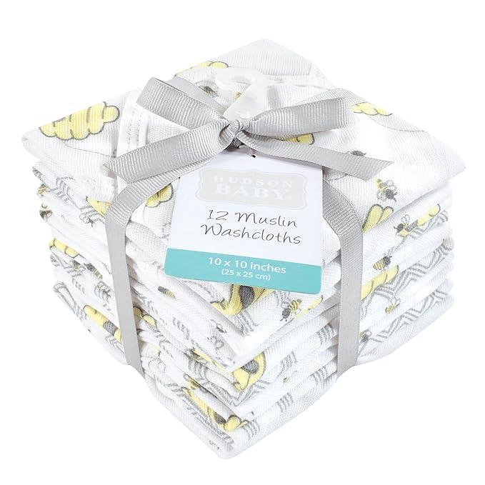 Hudson Baby Unisex Baby Cotton Muslin Washcloths, Bees, One Size