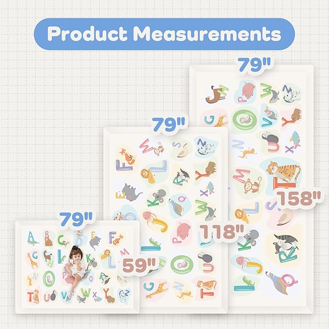 1.3" Thick Educational Baby Floor Play Mat 79x158, Basic Padded Memory Foam Kids Mat, Extra Large Non-Slip Plush Playmat for Nursery Playroom Classroom (ABC Animal)