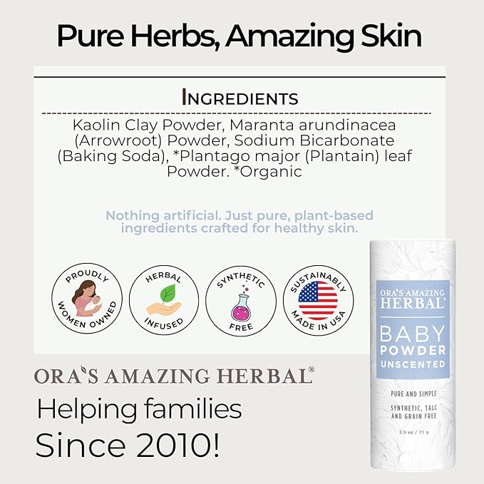 Baby Powder Talc-Free, Cornstarch Free Baby Powder, Unscented Fragrance Free Powder, Arrowroot Clay and Organic Plantain Leaf Powder, Ora’s Amazing Herbal, 2.5 oz