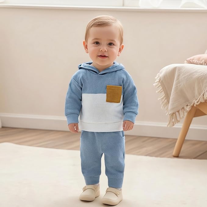 Toddler Baby Boy Hoodies Fall Clothes Waffle Contrast Color Sweatshirt Pant Set Infant Clothes 6 12 18 Months 2T 3T