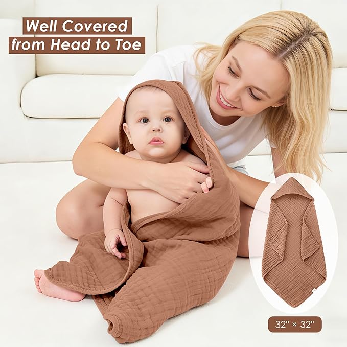 3-Pack Muslin Hooded Baby Towels, 100% Cotton, Ultra-Soft & Absorbent Baby Bath Towels with Hood for Babies, Infant, Toddler and Newbron (Bean Paste Series,32" x 32")