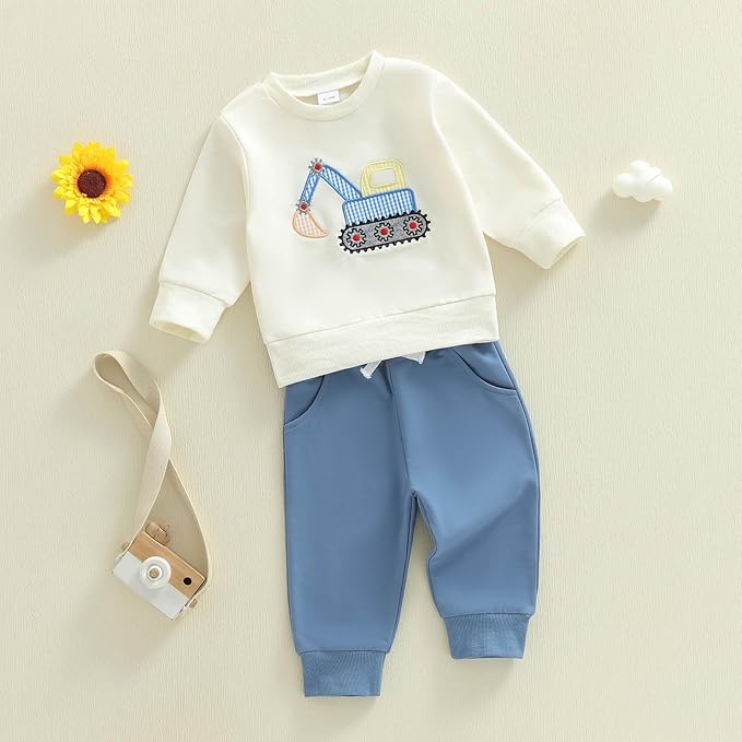 FOCUSNORM Toddler Baby Boy Fall Winter Outfit Excavator Embroidered Long Sleeve Sweatshirt Elastic Jogger Pant 2 Pcs Clothes