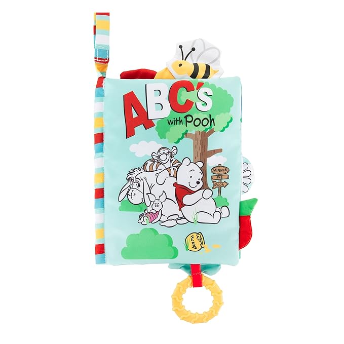 Kids Preferred Disney Baby Winnie The Pooh Deluxe Soft Book Abc's with Pooh On-The-Go Sensory Books for Babies with Crinkle Pages and BPA Free Teether