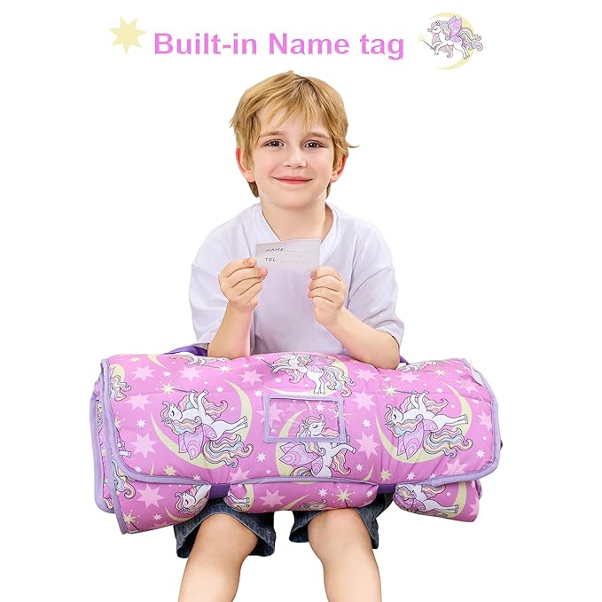 Viviland Toddler Nap Mat, Rolled Sleeping Mats with Pillow and Minky Dot Blanket for Girls, Kids Slumber Bag Nap Mat for Preschool, Daycare, Kindergarten, Travel Camping - Unicorn Magic