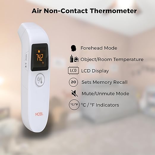 MOBI Air Non-Contact Forehead Thermometer w/Integrated Distance Sensor, Smart Medication Reminder & Memory Recall, Fever Thermometer, Forehead Thermometer, Digital Baby Thermometer, Body Temperature