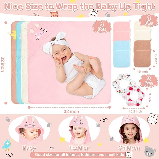 14 Pcs Baby Towels, Soft Baby Towel and Washcloths Set, 4 Pcs 32x32 in Hooded Bath Towel, 8 Pcs Baby Washcloths and 2 Pcs Cotton Baby Bibs for Newborns, Toddlers, and Kids for Boys and Girls