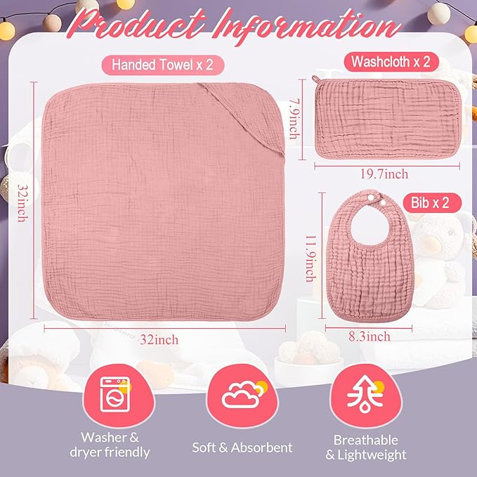 6 Pcs Muslin Hooded Bath Towels Washcloths and Bibs Set, Muslin Cotton Baby Towels Absorbent Hooded Blanket Towel Infant Bibs for Boys Girls Newborn Infant Essential(Pink, Brown)
