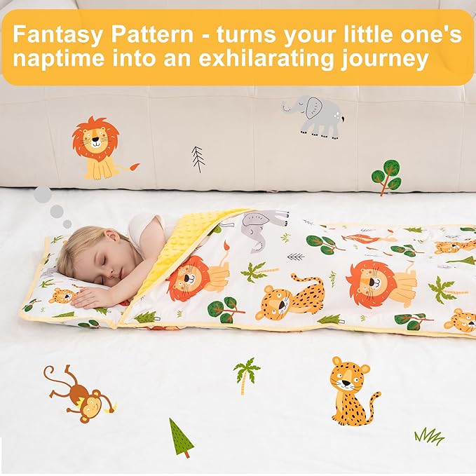 Viviland Toddler Nap Mat with Pillow and Minky Dot Blanket, Rolled Sleeping Mat/Slumber Bag for Girls Boys, Kids Nap Mat for Preschool, Daycare, Kindergarten, Travel Camping - Zoo Animal