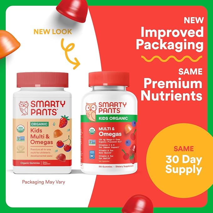 SmartyPants Organic Kids Multivitamin Gummies: Omega 3 (ALA), Vitamin D3, C, Vitamin B12, B6, A, K & Zinc for Immune Support, Biotin, Vegetarian, Three Fruit Flavors, 120 Count (30 Day Supply)