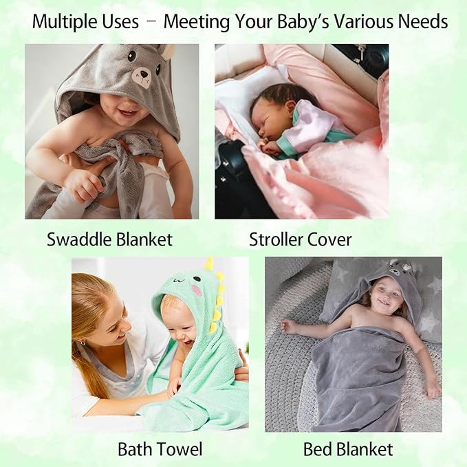 12 PCS Hooded Baby Towel Set, 32x32 Inch Absorbent Baby Bath Towels, 3 PCS Soft Hooded Towels & 9 PCS Washcloths, Unisex Baby Gift Set for Newborns, Babies, Toddlers (Green + Gray + White)