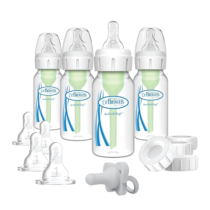 Dr. Brown's Anti-Colic Breast to Bottle Feeding Set with Slow Flow Nipples, Travel Caps, and Silicone Pacifier - Gray (Pack of 12)