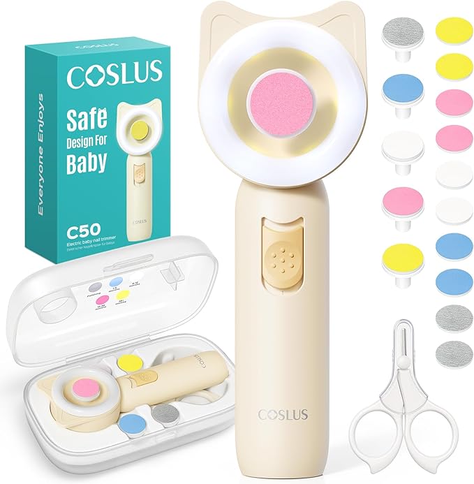 COSLUS C50 Baby Nail File, Baby Nail Trimmer Electric, Baby Nail Clipper - Gentle, Quiet with 360° Light, Safe for Sleep Time Grinding, 16-in-1 Kit for Newborn, Infant & Toddler, Lemon Yellow
