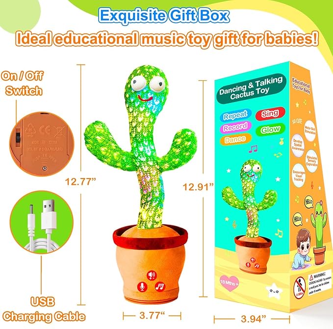 Rechargeable Baby Toys Dancing Talking Cactus Toy for Baby, Volume Adjustable, Singing, Mimicking, Repeating, Baby Infant Toys for Girls Boys, Valentine Gifts for Kids Baby Todder