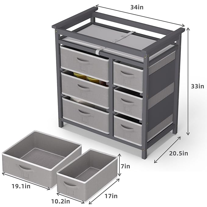 XJD Baby Changing Table with 6 Drawers Storage Station, Baby Changing Station Diaper Changing Station (Grey)