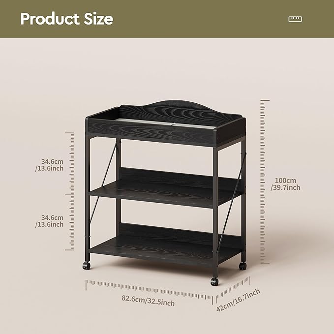 Baby Changing Table, Diaper Changing Station with Pad and Wheels, Two-Tier Open Storage Shelves, Waterproof Diaper pad & Safety Strap,Compact Baby Furniture for Nursery, Black