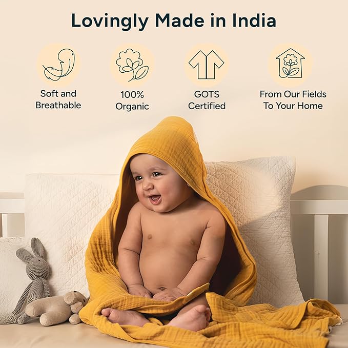 NINTARABABY Hands-Free Hooded Towel - 100% Organic Premium Muslin Cotton, 30" x 30", Ultra-Absorbent, Soft, Breathable, Hypoallergenic, Multipurpose, Gifts for Babies & Infants