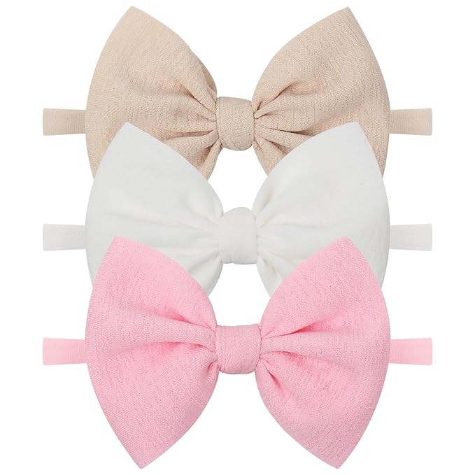 YanJie Baby Girls 4.5" Nylon Headbands, Handmade Hair Bows Hairbands Hair Accessories for Newborn Infant Toddlers Kids, 3 Pieces, Light Pink/White/Beige