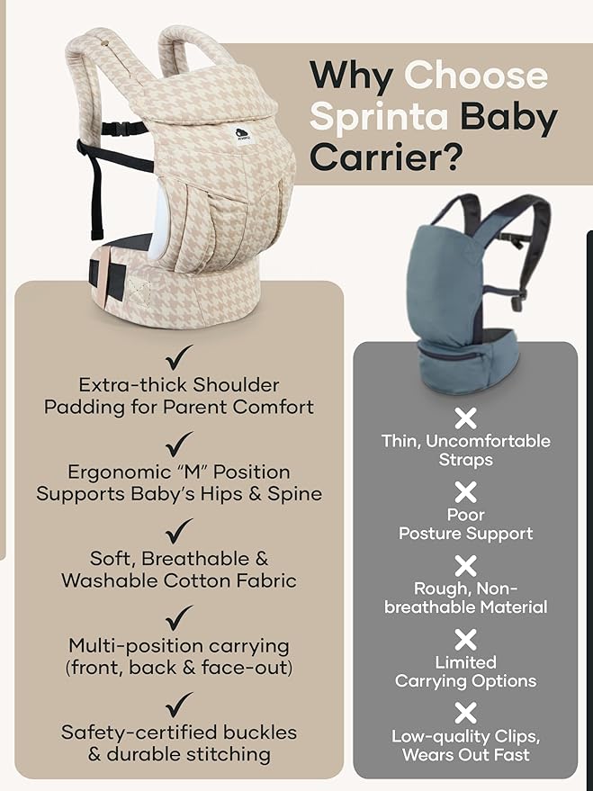 Sprinta Premium Linen-Cotton Baby Carrier – Ergonomic Houndstooth Newborn to Toddler Carrier (7-44 lbs), 4-Way Adjustable Fit