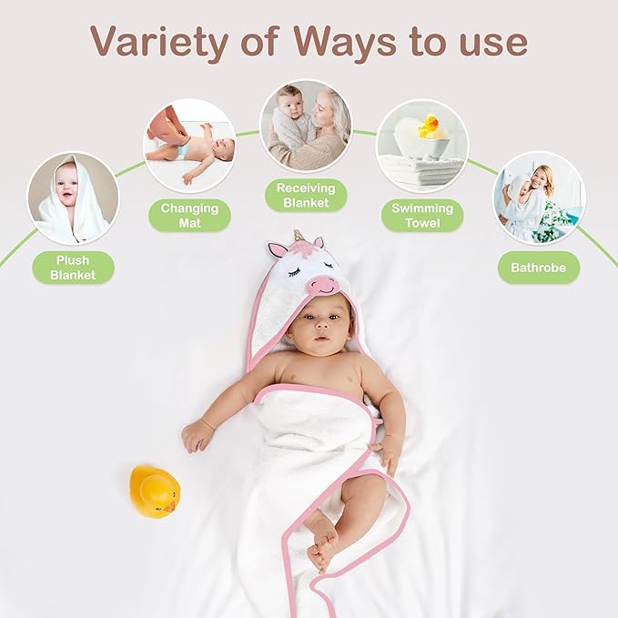 Mother's Choice Organic Hooded Baby Towels - Large Size, Cotton, Ultra-Soft & Absorbent Baby Towels with Hood for Newborns, Infants, Toddlers, Boys & Girls with Animal Hood (Unicorn)