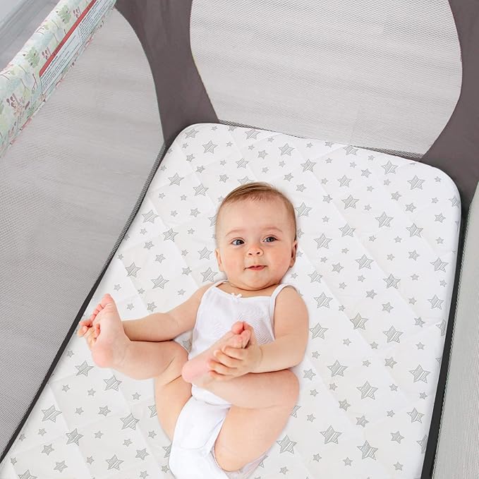 Pack and Play Sheet Quilted, Breathable Thick Playpen Lovely Print Cover 39"×27"×5" Compatible with Graco Portable Mini Cribs, Suitable for Yards and Foldable Mattress Pack and Play Pad, White Star
