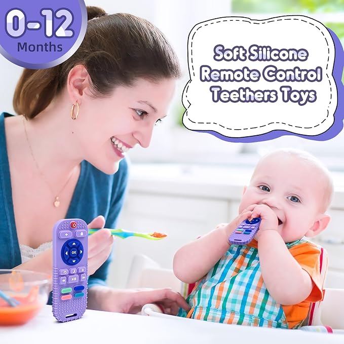AiTuiTui Baby Teething Relief Sensory Chew Toys for 3 6 9 12 Months, Silicone Infant Teether Remote Control Bath Toy for Newborn Toddlers Boy Girl Autism Baby Shower Birthday Gifts, Purple
