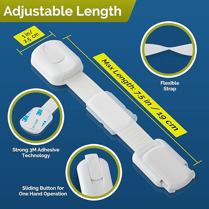 Child Safety Strap Locks (6 Pack) Baby Locks for Cabinets and Drawers, Toilet, Fridge & More. 3M Adhesive Pads. Easy Installation, No Drilling Required, White