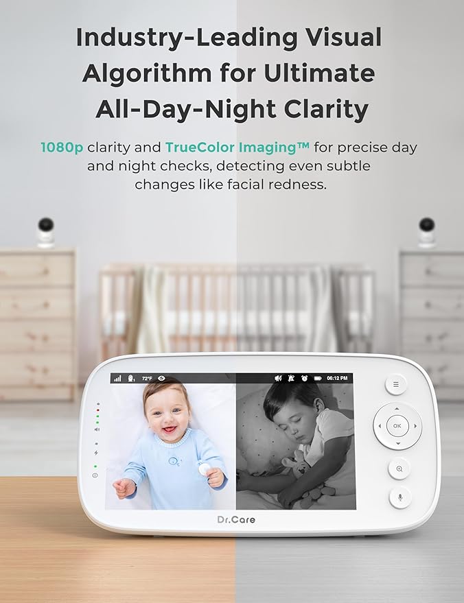 Dr.Care NovaView Video Baby Monitor with 2 Cameras - 5" 1080P Split Screen Display, 5000mAh Battery, Night Vision, Real-Time/VOX, 2X/4X Zoom, Pan & Tilt, 1000ft Range, 2-Way Audio, No WiFi